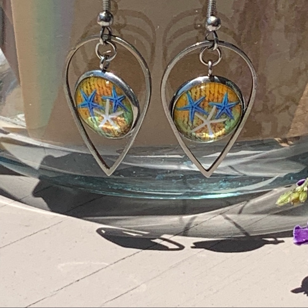 Blue and White Starfish Earrings, Handmade, NWT